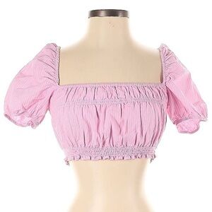 Zara Pink Crop Top Puff Sleeve Striped Off The Shoulders 100% Cotton Sz XS